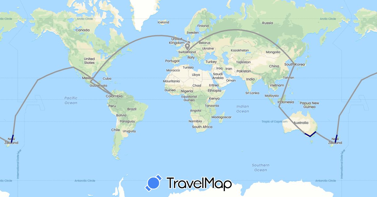 TravelMap itinerary: driving, plane in Australia, Switzerland, Colombia, Costa Rica, Germany, Fiji, Indonesia, South Korea, Mexico, New Zealand, Panama, United States (Asia, Europe, North America, Oceania, South America)